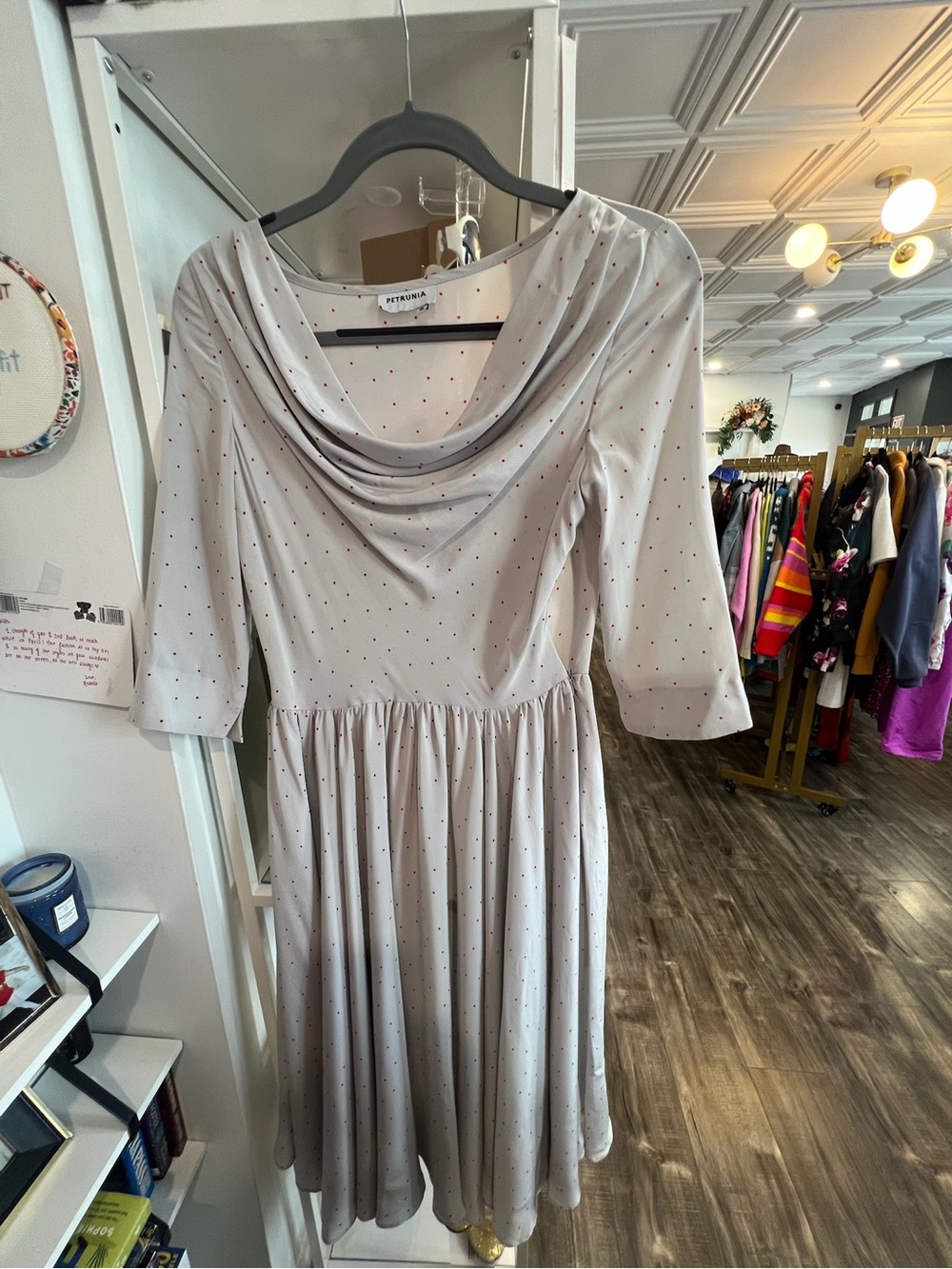 Petrunia Cowl Neck Midi Dress in Light gray with red Micro Dot